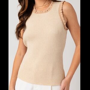 Gilli Cream & Taupe Ruffle Detail Sleeveless Ribbed Sweater Tank Top